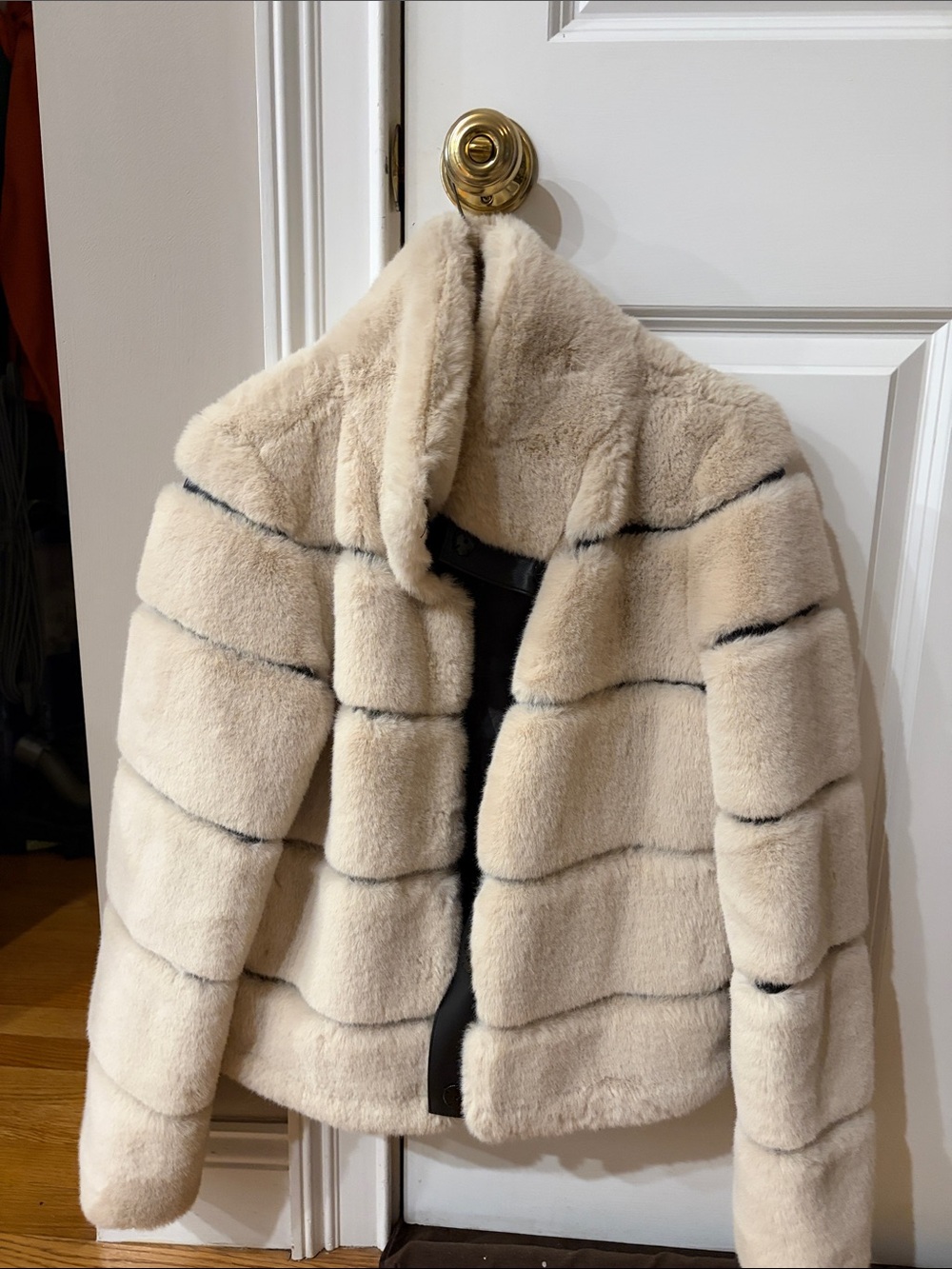 Karl Lagerfeld Cream Faux Fur Short Jacket with Contrast Trim